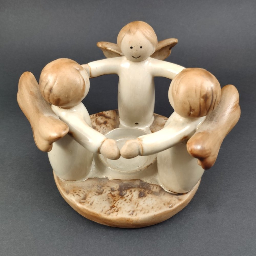 Vintage Pottery Circle of 3 Angels Tealight Holder 4"